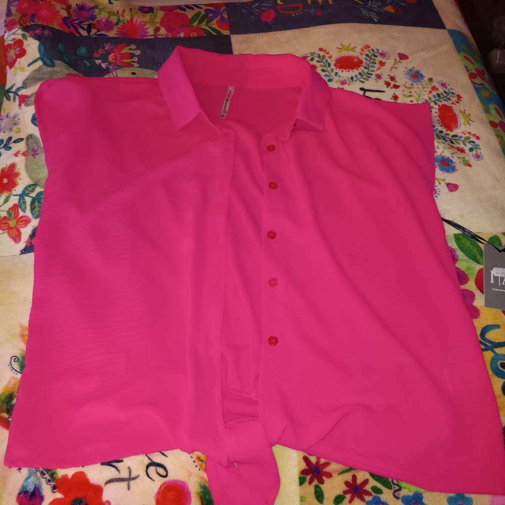 Icon Apparel Hot Pink Casual Button-Down Shirt With Tie Front Xl